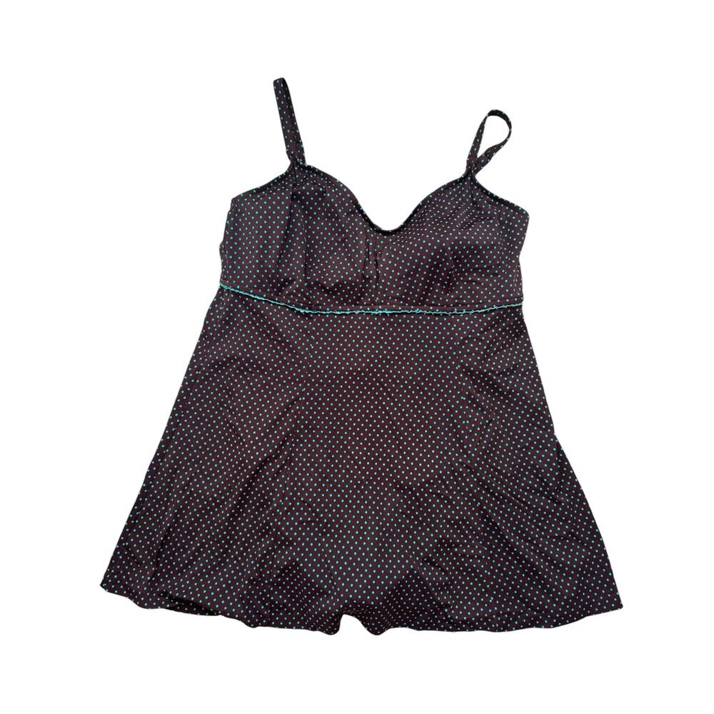 MAXINE OF HOLLYWOOD Faux Tankini One Piece Bathing Suit Brown Blue Dot Size 18W